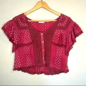 LoveShackFancy Oxblood Flutter Sleeve Lace Crop Top - Size Large